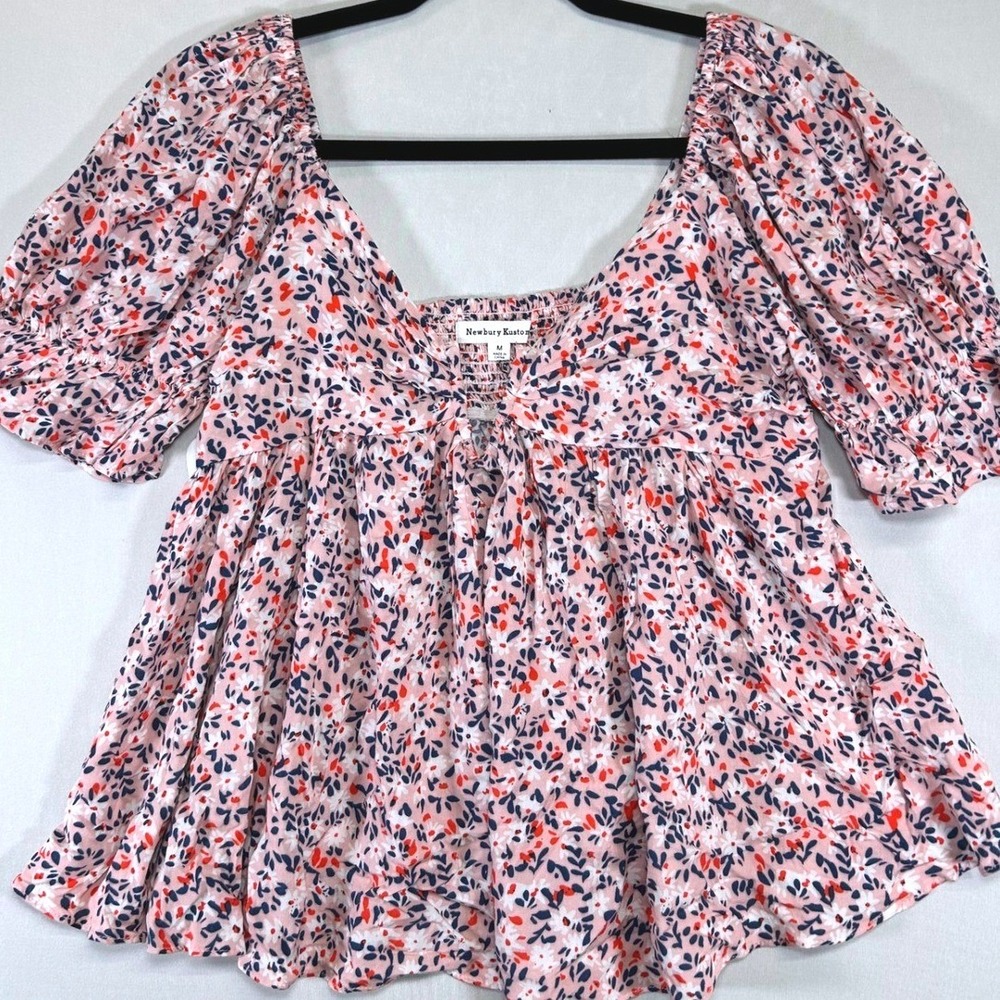 Newbury Kustom Pink Floral Smocked Peplum Puff Sleeve Blouse M